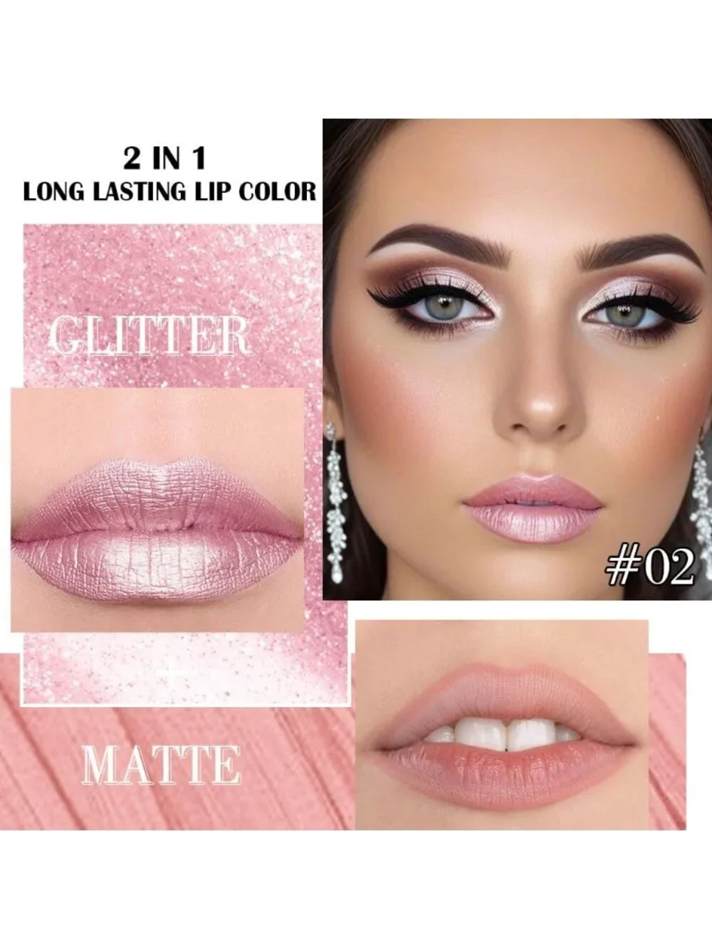 Women's 02# Light Pink-Metallic 2-in-1 Long Lasting Lipstick And Lip Liner